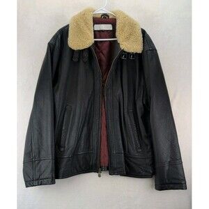 Perry Ellis Leather B3 Aviator Bomber Flight Jacket Fur Collar Quilted Liner LG